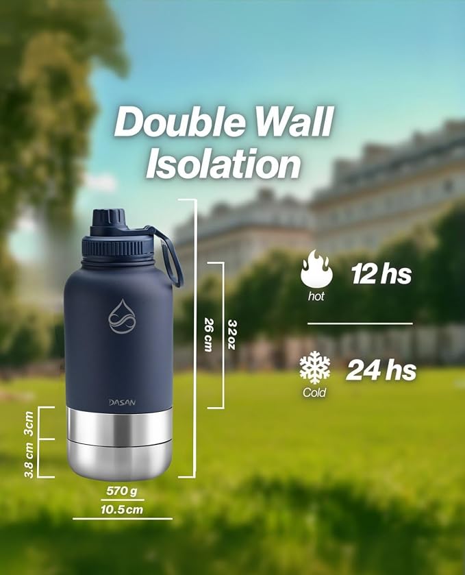 DASAN Portable Dog Water Bottle with Bowl - 32oz Insulated Stainless Steel, 3-in-1 Travel & Walking Pet Dispenser with 2 Food Containers for Hiking, Camping & Outdoor Adventures