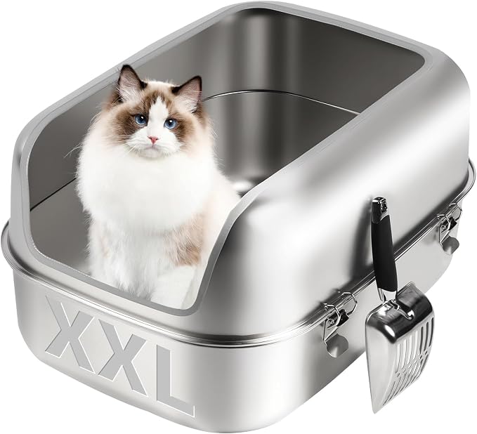 Stainless Steel Cat Litter Box, 23.6" L x 15.7" W x 11.8" H Extra Large Semi Enclosed Removable Metal Litter Tray with High Sided Enclosure, Scoop, Non-Sticky, Easy Cleaning
