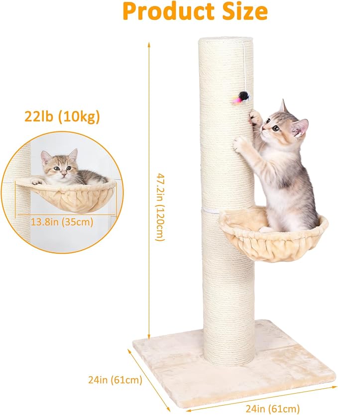 Tall Scratching Post for Cats 47in Tall Sturdy Natural Sisal Cat Scratcher with Thick Solid Wood Base Scratching Post Hammock for Indoor Adult Cat Stable Cat Scratcher with Ball Interactive Toy