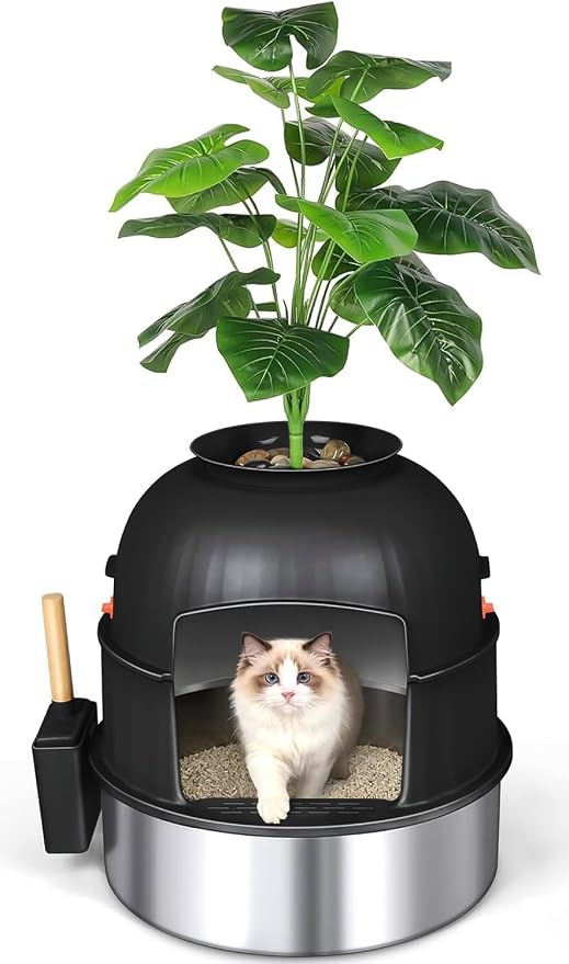 Three-Section Hidden Cat Litter Box, Stainless Steel Litter Box, Cat Litter Box Hidden with Faux Plant & Scoop, Vented Filter for Odor Control, Hidden Litter Box Furniture, Home Decor (Black)