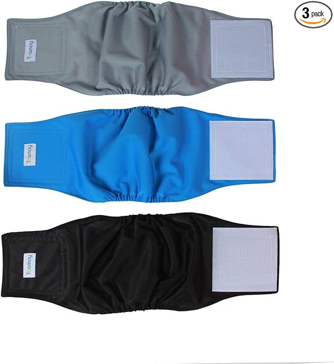 Teamoy Reusable Wrap Diapers for Male Dogs, Washable Puppy Belly Band Pack of 3 (S, 10"-13" Waist, Black+ Gray+ Lake Blue)