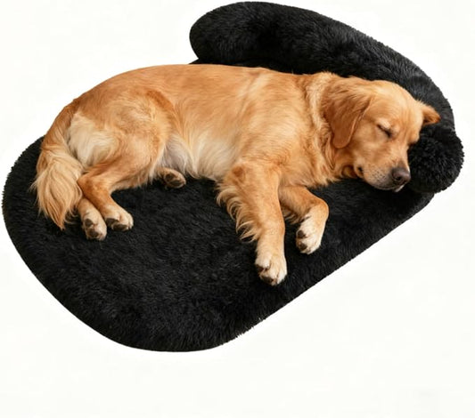 Orthopedic Dog Bed with Egg-Crate Base, Calming Dog Beds Fluffy Plush Faux Fur with Raised Edges, Spine Friendly Pet Sleeping Mat for Medium Large Dogs, Machine Washable (Oval, Black 40"x30")