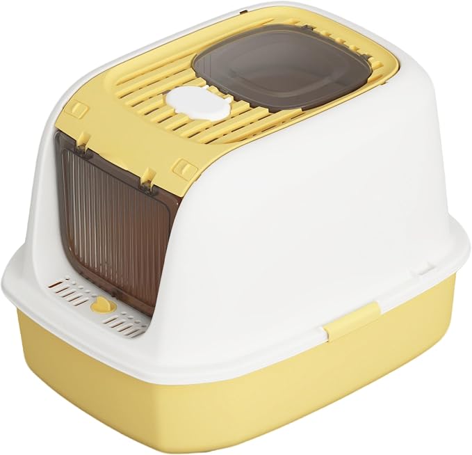 Cat Litter Box with Scoop, Front Entry Covered Litter Box with Lid, Top Exit Kitty Litter Box, Easy to Clean Durable Plastic Litter Pan, Ideal Size for Small to Medium Cats 20.6”×16”×14.3”Yellow