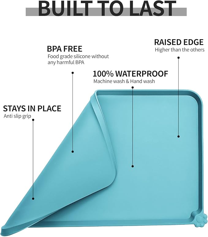 Reopet Silicone Pet Feeding Mat - Waterproof & Non-Slip Dog Cat Placemat | High Raised Edges Prevent Food & Water Spills to Protect Floors, Easy to Clean, Fit for Dog Cat Bowls