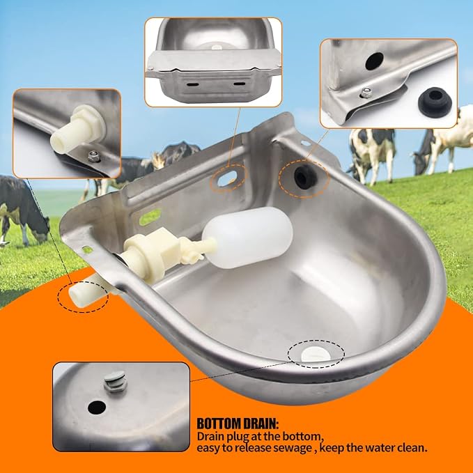 Automatic Livestock Water Bowl Float Valve Self-Filling Dog Goat Chicken | 304 Stainless Steel Animal Waterer Auto Refill, Horse Pig Cow Sheep Cat, Drainage, 3/4" GHT Hose & Mounting Bolts, Farm Ranch