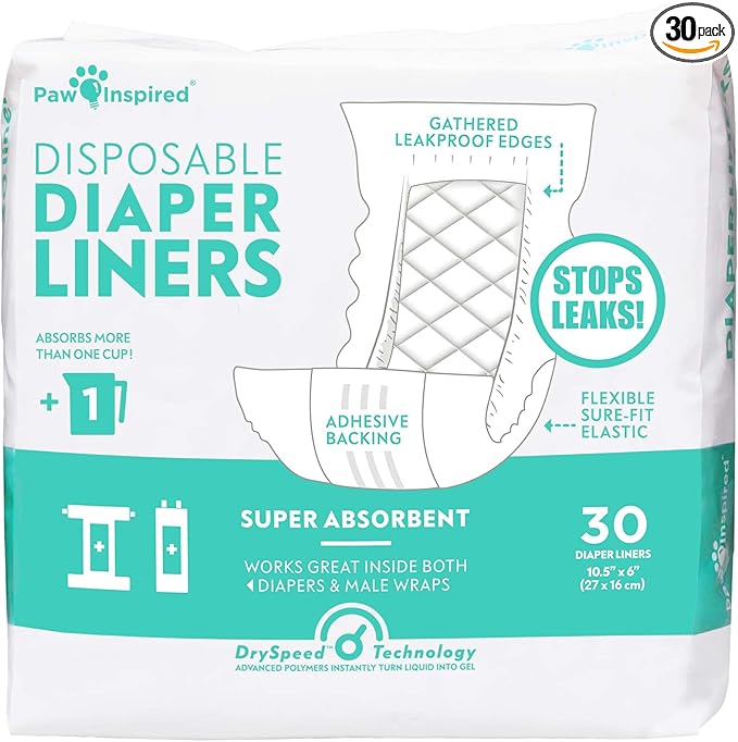 Paw Inspired Dog Diaper Liners | Inserts for Washable Covers, Female Dog Diapers, and Male Dog Belly Bands | Leakproof, Super Absorbent (30 Count)