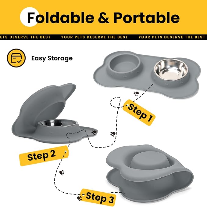 Conlun Medium Pet Feeding Station, 29oz Stainless Steel Dog Bowls Set, No Spill Food & Water Dishes with Non Slip Silicone Mat for Breeds Up to 55 Lbs, Grey