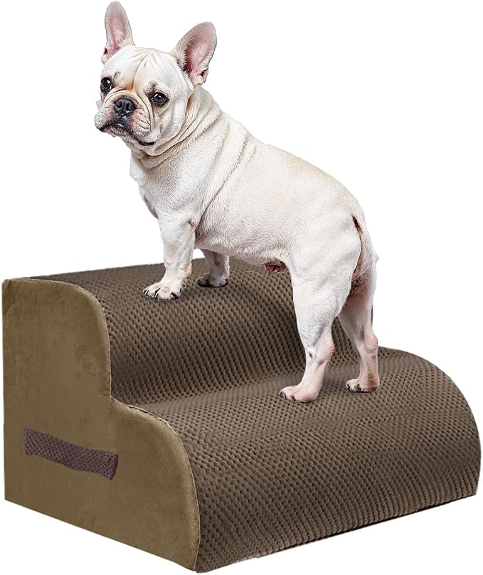 PAWSCRAT Dog Stairs for Small Pets, 11.8" H with 30D Material Soft Foam, Portable Ramp Non-Slip Surface Non-Slip for Couch and High Bed Climbing, 2-Step Stairs for Cat or Dog, Brown