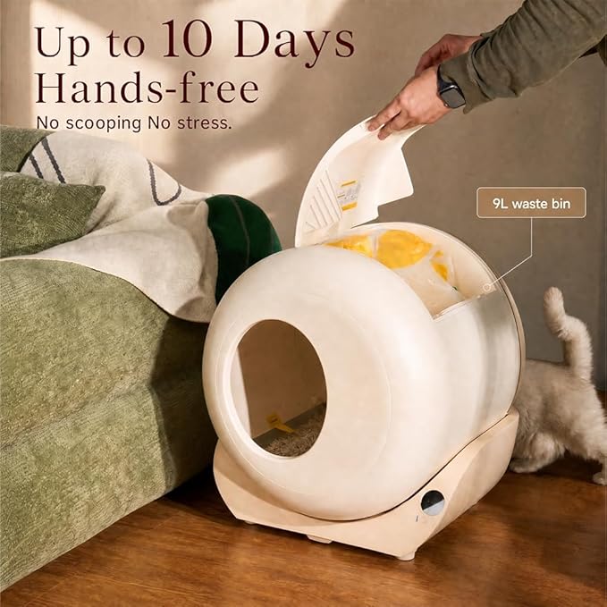 Furrytail Automatic Litter Box Self Cleaning, Kitty Litter Box, Smart Safety Sensors, Advanced Odor & Leak Control, Large Capacity for Multi Cat Homes, with App Control & 40 Trash Bags,Cream
