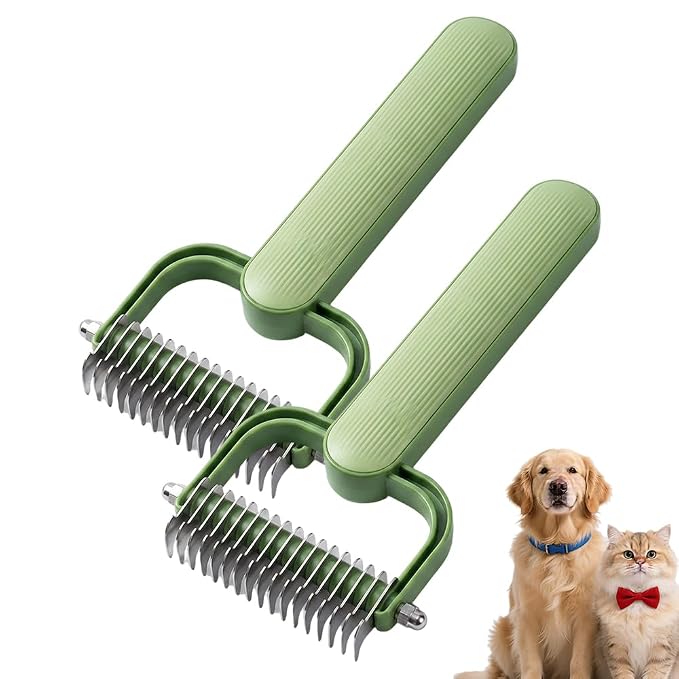 Double Sided Dematting Comb for Dogs & Cats, Undercoat Rake Pet Brush for Long Hair, Deshedding Dog Brush Removes Tangles Knots and Loose Fur, Pet Grooming Tool (Green 2pcs)