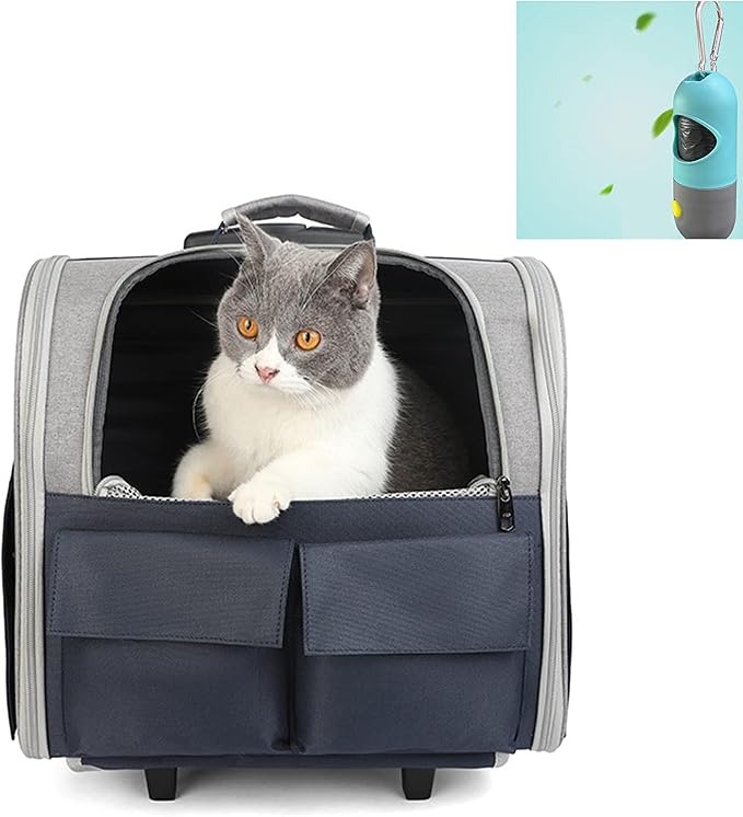 Portable Cat Carrier Backpack with Wheel Breathable Airline Approved Pet Travel Rolling Trolley Collapsible Backpack