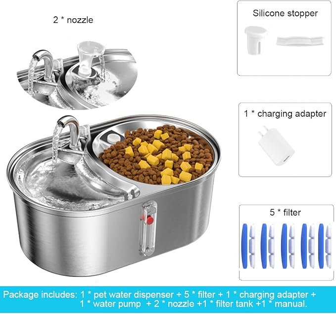 Dual Bowl Cat Water Fountain 3L/101oz,Stainless Steel Pet Drinking Fountain,2-in-1 Cat Bowls for Food-Wate(Water-Water),Ultra-Silent Automatic Dog Water Dispenser with Pump and 5 Filters