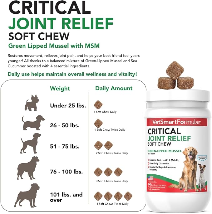 VetSmart Formulas Critical Joint Relief Soft Chew for Dogs – Hip & Joint Supplement with Glucosamine, MSM, Green-Lipped Mussel – Joint Discomfort, Hip Dysplasia & Mobility Support, Made in USA