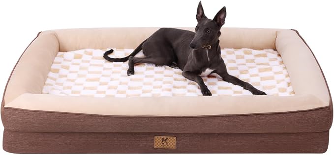 KSIIA Big Dog Bed for Extra Large Dogs, Orthopedic Egg-Crate Memory Foam Pet Bed with Sides, Waterproof Lining and Non Slip Pet Couch with Removable Washable Cover, 48 x 35 Inch, Brown