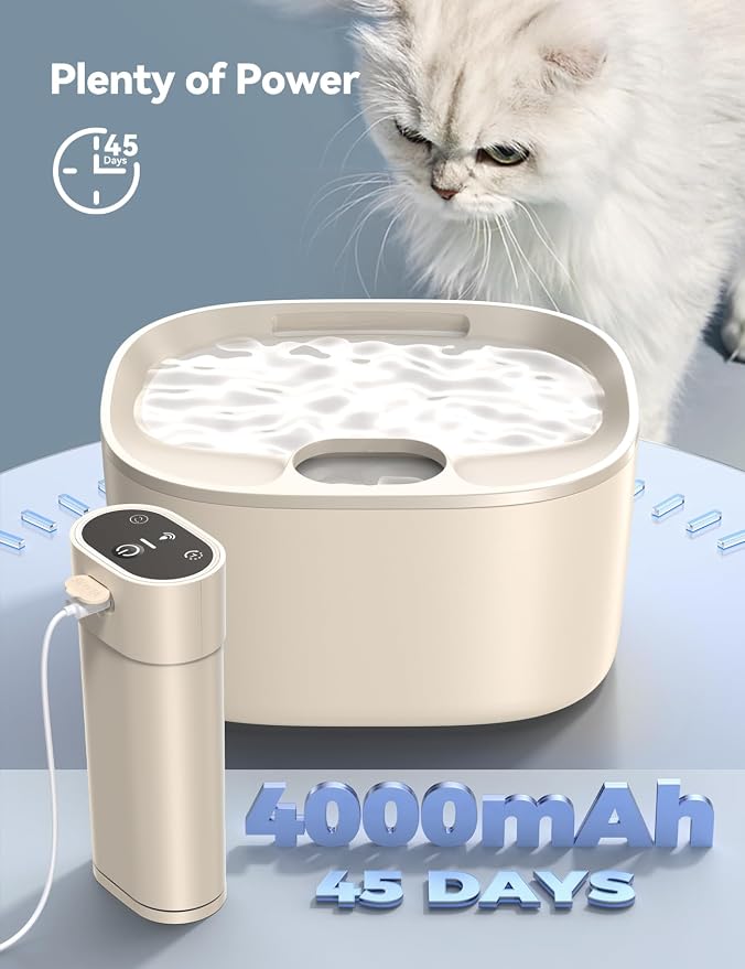 Pumpless Wireless Cat Water Fountain, FEELNEEDY 4L Battery Operated Pet Water Fountain for Cats Indoor, Motion Sensor Cat Drinking Fountain (Beige with 1Pack Filters)