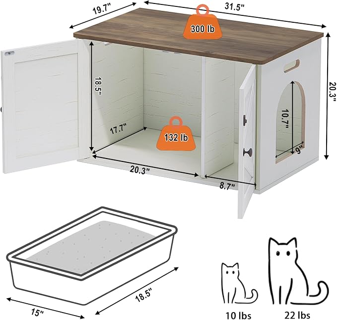 Timberer Cat Litter Box Enclosure, Litter Box Furniture Hidden with Removable Divider, Wooden Cat Washroom Furniture, Indoor Cat House, Rustic Brown and White