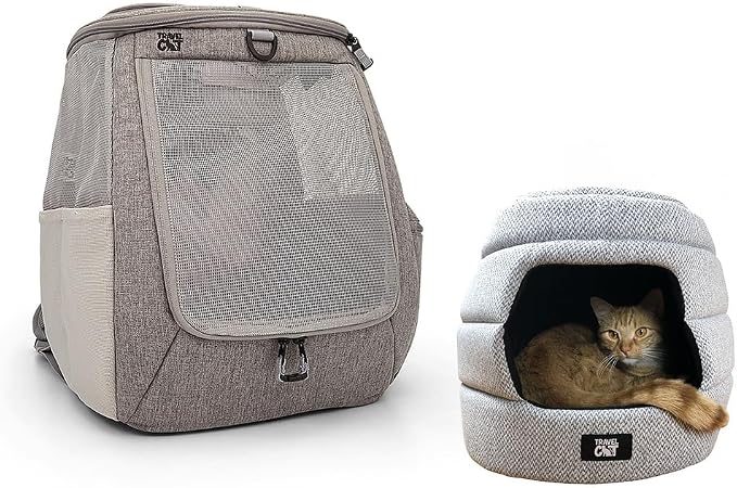 Travel Cat Navigator Carrier Bag & Meowbile Cat House Set - Ultimate Cat Travel & Comfort Bundle for Cats up to 25 LBS - Carrier with Ventilation and Collapsible Cozy Cat Bed