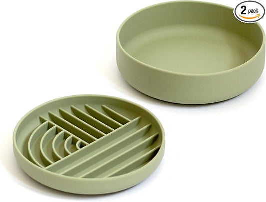 Slow-Feeder & Water Bowl Set by The Dog Tale | Food-Grade Silicone Dog Bowls, BPA-Free, Dishwasher Safe, Freezer Safe (Sage)