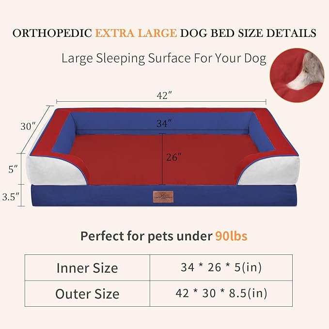 Comfort Expression Orthopedic Dog Bed for Extra Large Dogs 42x30 Inch, Waterproof Egg Crate Foam XL Pet Bed with Bolsters, Dog Couch with Washable Cover & Non-Slip Bottom, American Flag 2