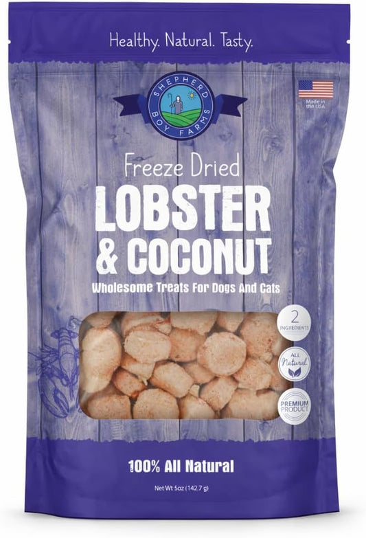 Shepherd Boy Farms Freeze Dried Dog and Cat Treats, Lobster & Coconut, All Natural Freeze-Dried Dog Treat & Snacks, Made in USA, Two Ingredients, High in Protein, 5oz