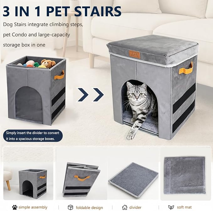 17" Dog Stairs for High Beds, 120 Lbs Capacity | Foldable and 3-Step design with storage & condo compartment, suitable for dogs & cats climbing bed, sofa and car