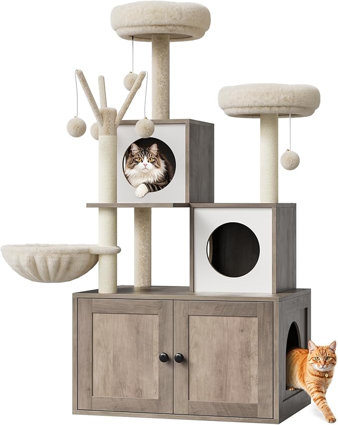 GAOMON Litter Box Enclosure with Cat Tree Tower 2-in-1 Modern Hidden Pet Washroom Furniture with Condo Hammock Scratching Posts and Multiple Soft Perches