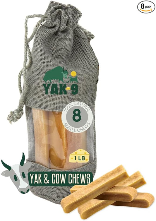 Yak9 Cheese Dog Chews, High Protein Treats, Natural, Rawhide Free, Long Lasting with Vitamins & Minerals, Extra Small Size, Yak & Cow, 8 PC, 1lb