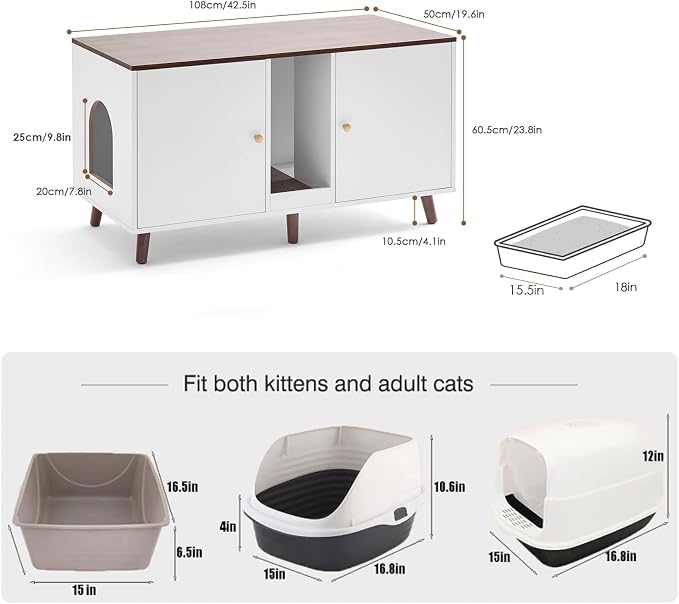 Double Cat Litter Box Enclosure - Hidden Litter Box Cabinet Furniture for 2 Cats Large with Scratching Pad, White