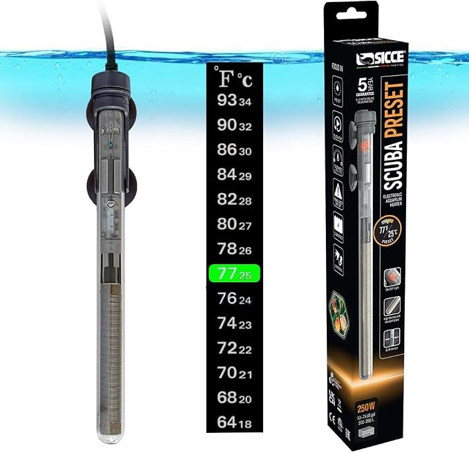 Sicce Scuba 250 Watt Aquarium Fish Tank Heater Preset at 77℉ for Up to 75 Gallons | 250W Submersible for Marine Saltwater and Freshwater | Run Dry Protection