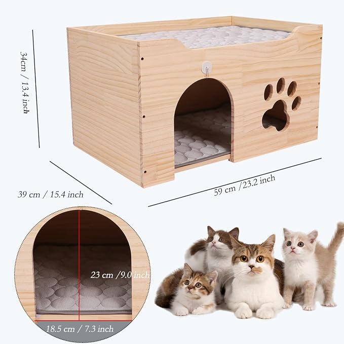 Large Wooden Cat House for Indoor Cats- Cat Scratcher House, Sturdy Cat Playhouse Cat Bed Cave,Cat Scratchers with Sisal Scratching Board, Wooden Cat Condos, Cat Cubes, Cat Hideaway