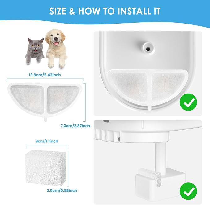 10-Pack Replacement Filters + 2 Pre-Filter Sponges for subteenmate 3L Wireless Cat Water Fountain – Triple-Layer Activated Carbon Filtration, 5-Month Supply