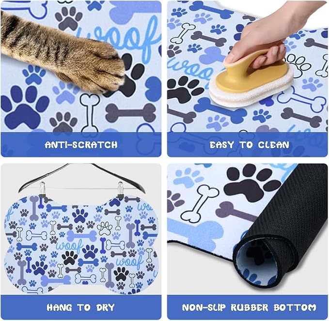 Dog Food Mats for Floors Waterproof, Pet Feeding Absorbent Water Bowl Mat Cat Placemats Blue Bone Shape 19 * 12 inch