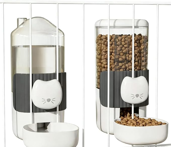 Hanging Automatic Cat Feeder and Water Dispenser Set, Gravity Pet Food & Water Bowl for Wire Cage, No-Spill Pet Feeding Station for Small Dogs Rabbits (Grey)