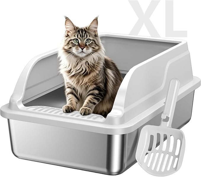 Stainless Steel Litter Box Metal High Sided Extra Large Cat Litterbox, Anti-Urine Leakage, No Odors, Easy Cleaning, Non-Stick, Include Scoop