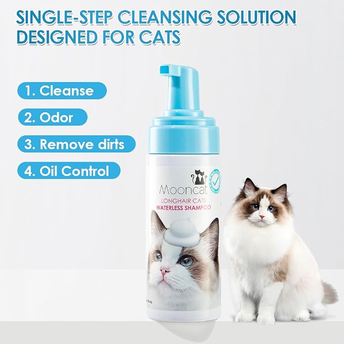 Mooncat Waterless Cat Shampoo for Longhair Cats | Licking Safe No-Rinse Dry Foam to Soften Mats & Smooth Fur | Gentle Formula for Kittens & Sensitive Skin, pH Balanced - 5oz