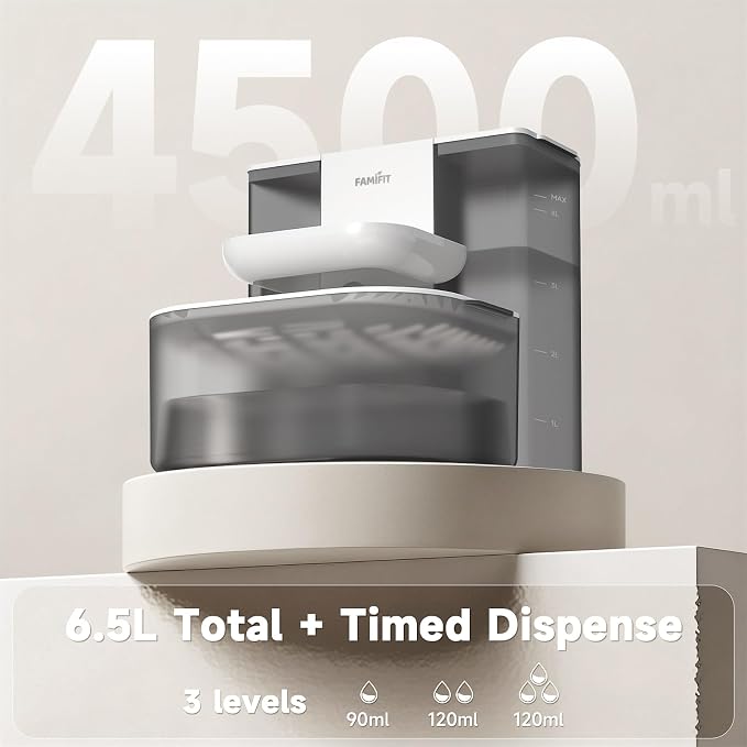 [New Upgrade] Famifit 4.5L+2L Heated Automatic Cat Water Fountain, 4000mAh Battery, Warm Water Option, Timed & Measured Control, Clean Water System, No Filter, Ceramic Bowl, Plug-in Recommended