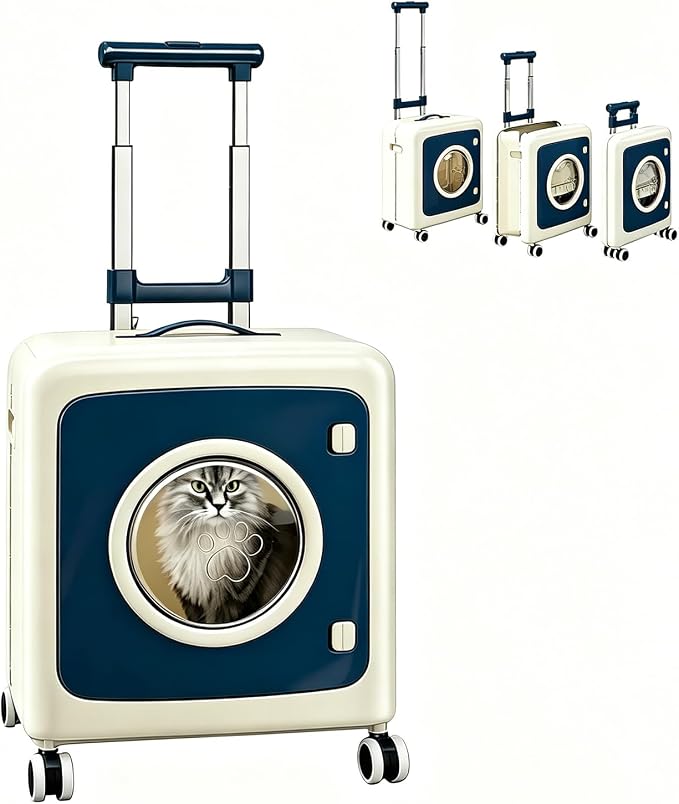Pet Carrier with Wheels Breathable Cat Carrier 3-Level Adjustable Handle 360° Wheels Pet Travel Carrier for Cats & Small Dogs Detachable Multi-Use Cat Carrier for Outdoor, Travel (Beige Blue)