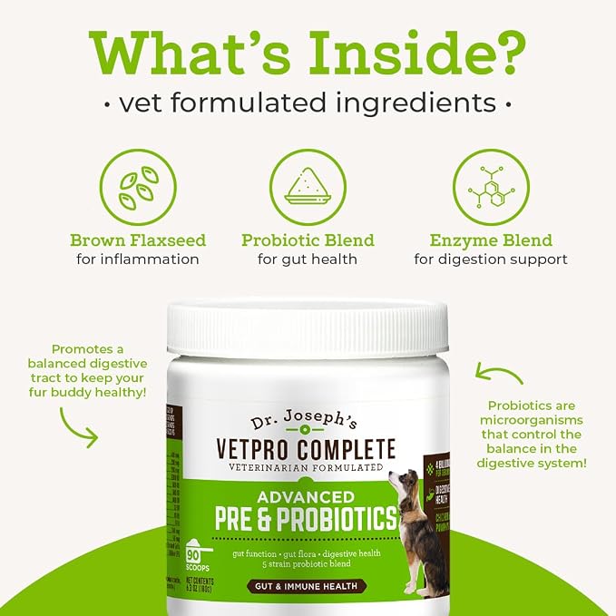 Dr. Joseph's VetPro Complete Advanced Pre & Probiotics Powder for Dogs, Meal Topper, 90 Scoops, Supports Gut Health, Diarrhea, Digestive Health & Allergies, Chicken/Pumpkin Flavor, 4 Billion CFUs