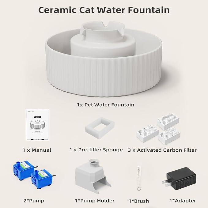 Ceramic Cat Water Fountain, 2.1L/71oz Cupcake Pet Water Fountain for Cats and Dogs, Automatic Pet Drinking Fountain,Double Filtration System, Easy to Clean (White Fountain with 2 Water Pumps)