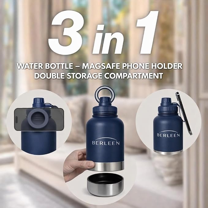 BERLEEN 3-in-1 32 oz Insulated Dog Water Bottle with Magnetic Lid, Bottle with Detachable Stainless Steel Bowls – Portable Travel Water & Food Container for Dogs, Leakproof, Ideal for Walking (Green)