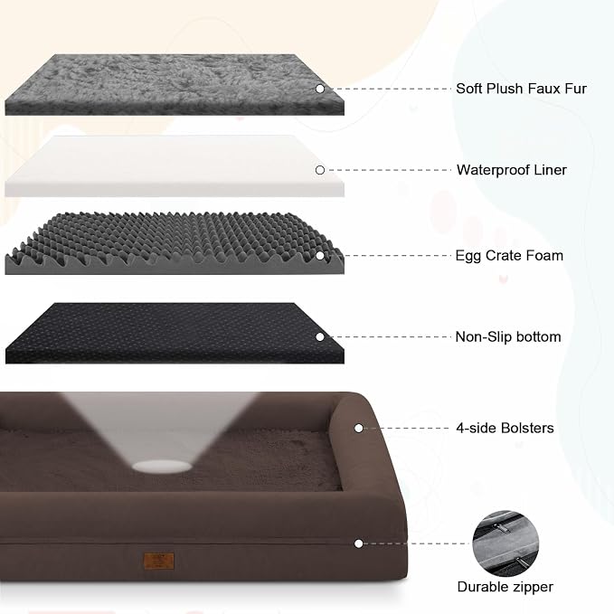 Yiruk XL Orthopedic Dog Bed for Large Dogs, Extra Large Waterproof Dog Bed with Removable Washable Cover, 4-Sides Bolster Support Pet Couch Sofa with Non-Slip Bottom, Brown