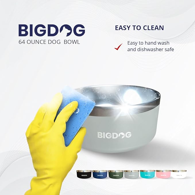 BIGDOG Dog Bowls, Large Dog Bowls, Stainless Steel, No Spill, 64 Ounce, White