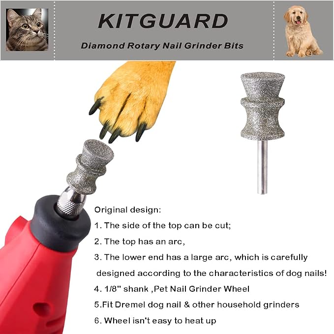 Diamond Dremel Dog Nail Grinder Bits for Rotary Tool,1/8'' Dremel Dog Nail Grinder Attachment-Pet Nail Grinder Bit Work for Animals Nail Care Large A 2P