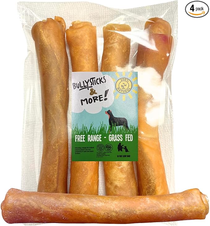 BULLYSTICKS & MORE 10 Inch Beef Collagen Rolls for Dogs (Extra Thick - 4 Count) - Bones for Dogs - Dog Parents Choice - No Hide Beef Cheek Rolls