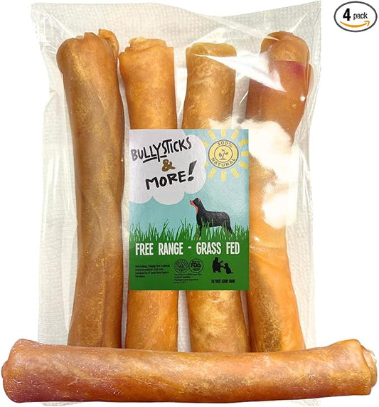 BULLYSTICKS & MORE 10 Inch Beef Collagen Rolls for Dogs (Extra Thick - 4 Count) - Bones for Dogs - Dog Parents Choice - No Hide Beef Cheek Rolls