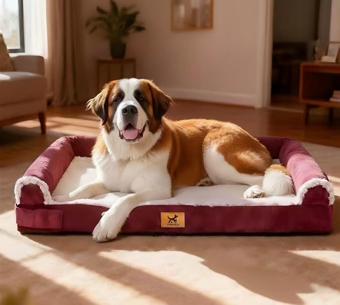 Jumbo Human Dog Bed Style - Breathable Egg-Crate Foam Sofa Couch with Bolster, Water-Resistant Liner & Washable Rose Velvet - Ideal for Great Danes, Mastiffs, Rose Pink (54'' x 37'')
