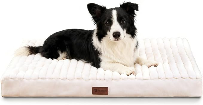 Orthopedic Dog Bed for Large Sized Dog, High-Density Egg Crate Foam, Plush Faux Rabbit Fur and Washable Removable Cover, Crate Bed with Non-Slip Base for Pets Up to 50 lbs, 35 x 22 x 3 Inch, Beige