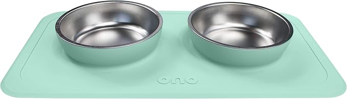Ono Good Bowl Food & Water Double Feeder - Small to Medium Pets No Spill Non Skid Silicone Mat & Stainless Steel Bowls for Dogs or Cats (Mint)