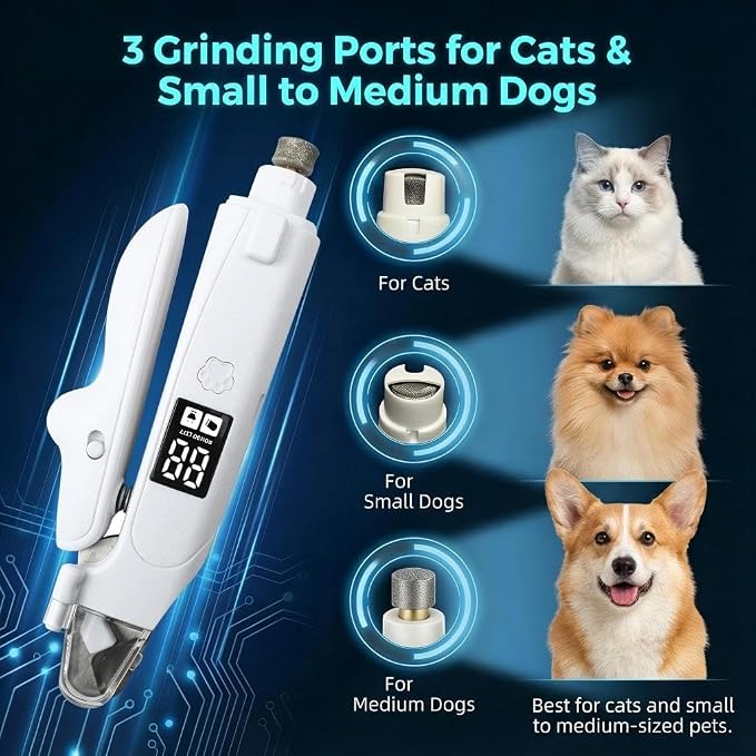2-in-1 Dog & Cat Nail Clipper and Grinder with LED Light, Low-Noise Electric Pet Nail Trimmer, Safety Lock & Nail Catcher, USB-C Rechargeable, 3 Grinding Ports for Cats & Small to Medium Dogs