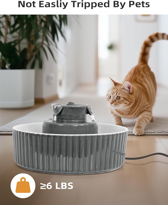 Ceramic Cat Water Fountain, 2.1L/71oz Cupcake Pet Water Fountain for Cats and Dogs, Automatic Pet Drinking Fountain,Double Filtration System, Easy to Clean, 360°Drinking Water (Grey Fountain)